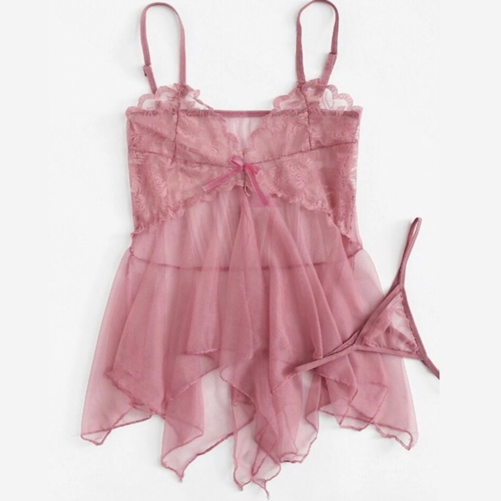 New OS Pink Lace Babydoll & Thong Lingerie Set